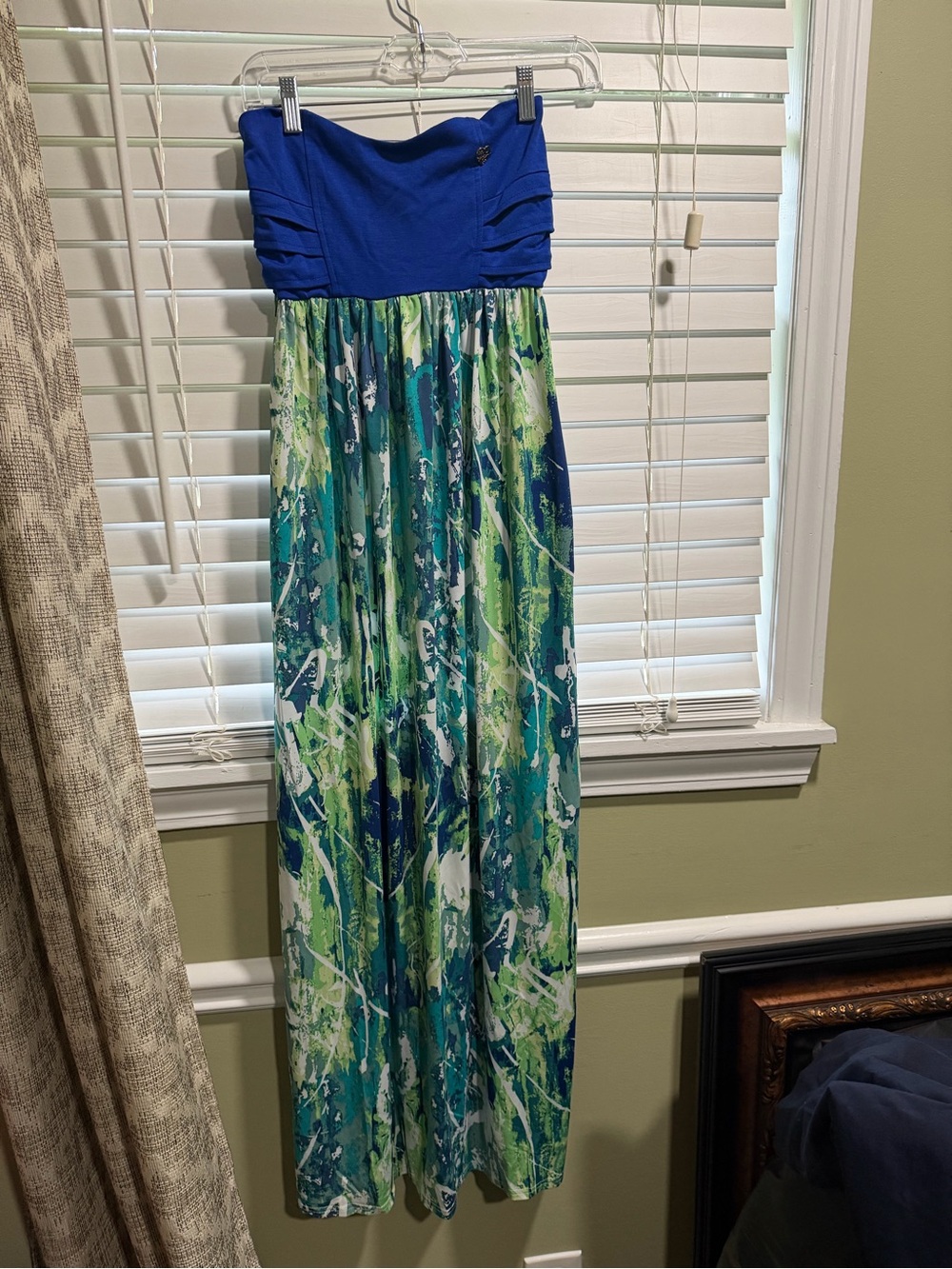 Apple Bottoms Blue Strapless Maxi with Green-Teal Printed Skirt